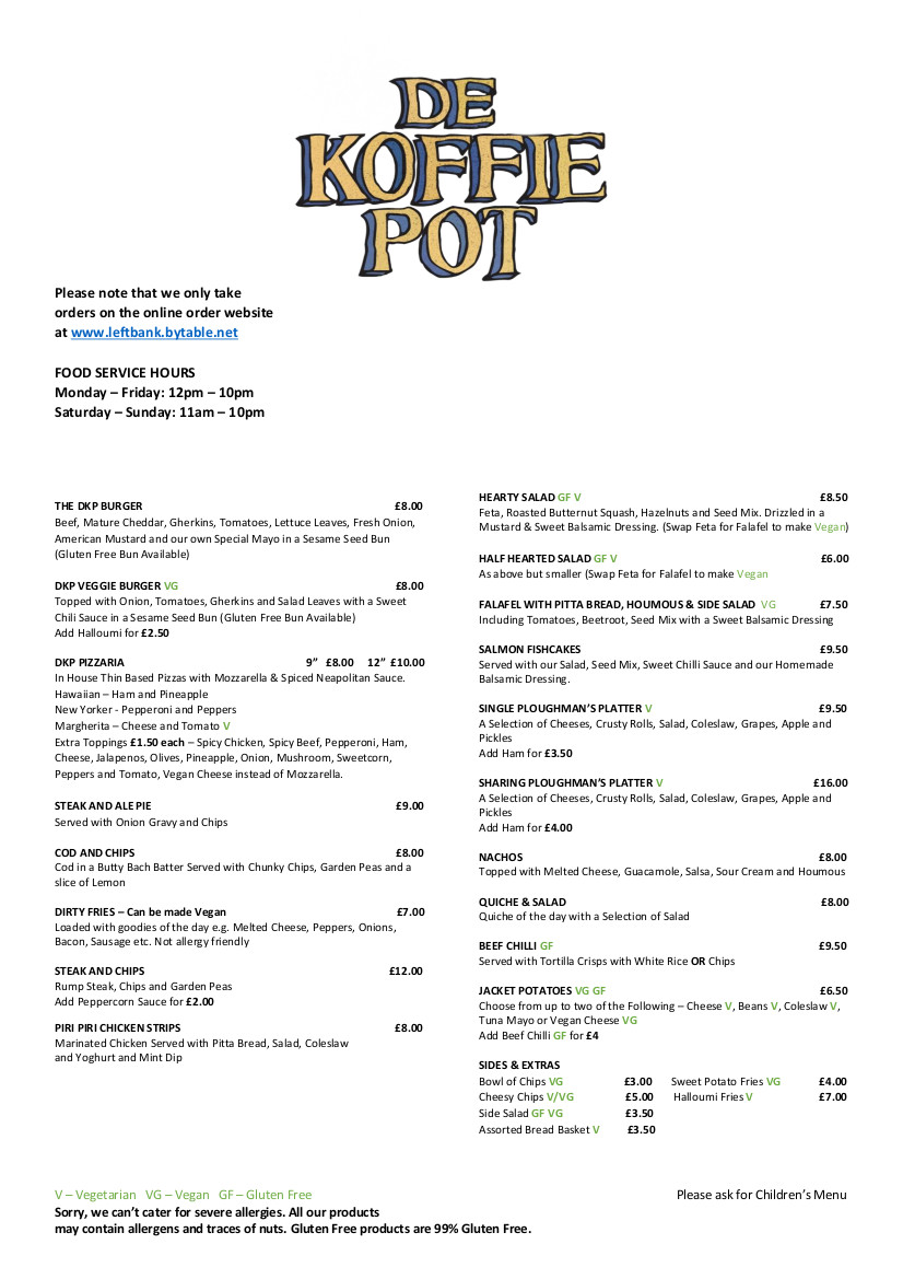 De Koffie Pot Menu The Left Bank Village, Herefordshire
